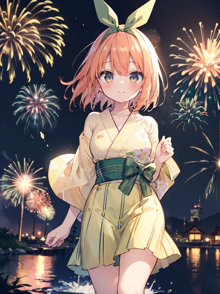 masterpiece, highest quality, highest quality, 1 girl, Yotsuba, (smile), (Green Ribbon), Yellow yukata、ability、fireworks in the night sky、skyrocket、The place is a fireworks display、Time is night、sunny day、turn around、So that the whole body goes into the illustration,smile,blush