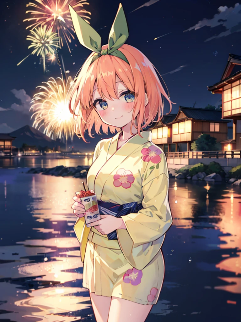 masterpiece, highest quality, highest quality, 1 girl, Yotsuba, (smile), (Green Ribbon), Yellow yukata、ability、fireworks in the night sky、skyrocket、The place is a fireworks display、Time is night、sunny day、turn around、So that the whole body goes into the illustration,smile,blush