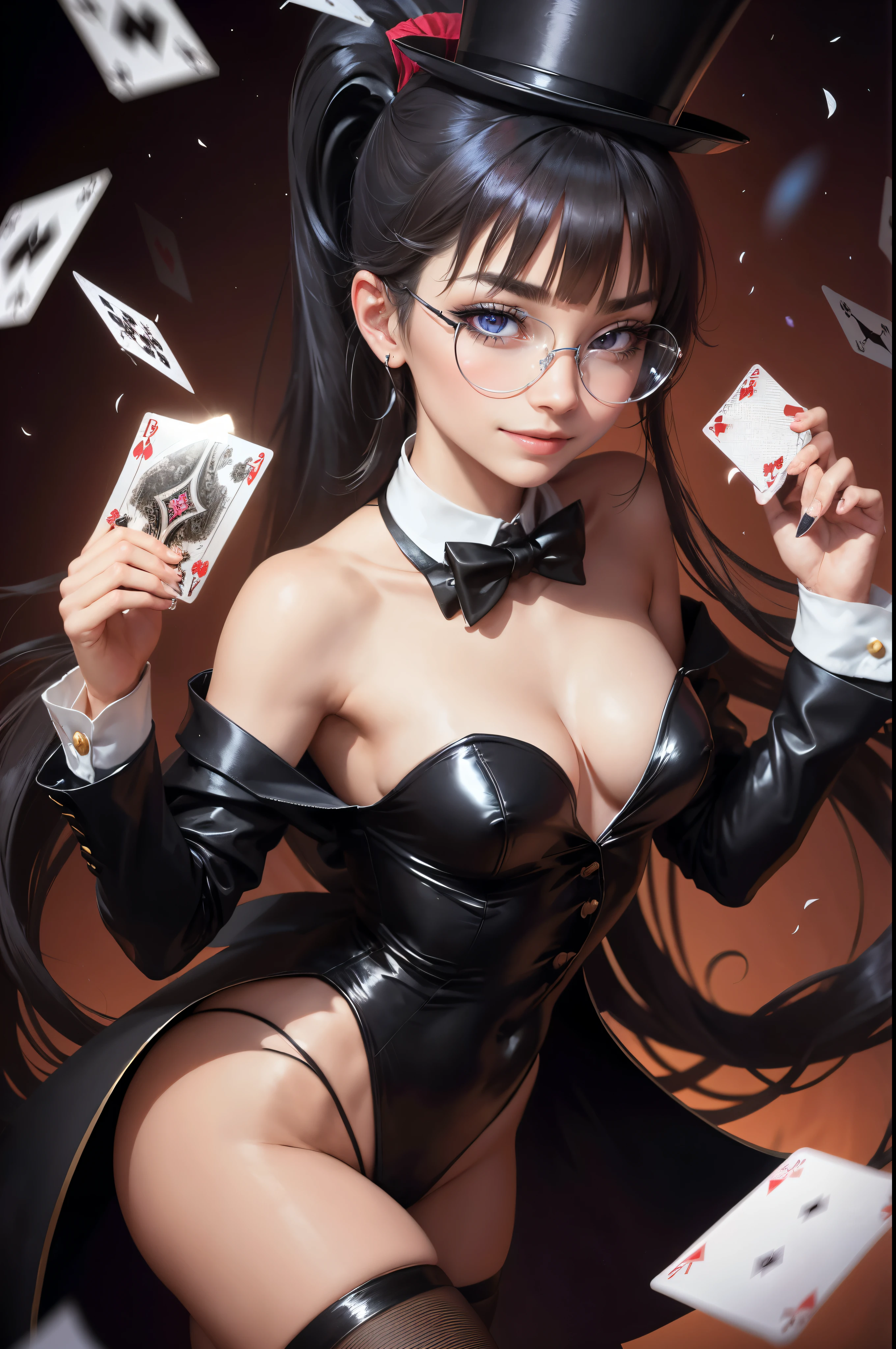 Beautiful female magician, , Playing Cards, Long hair in a ponytail, smooth, smile brightly, wear glasses, Wear a small top hat., wearing a black bunny costume, Wear a long-tailed tuxedo., Wear black stockings., There are cards flying everywhere.,