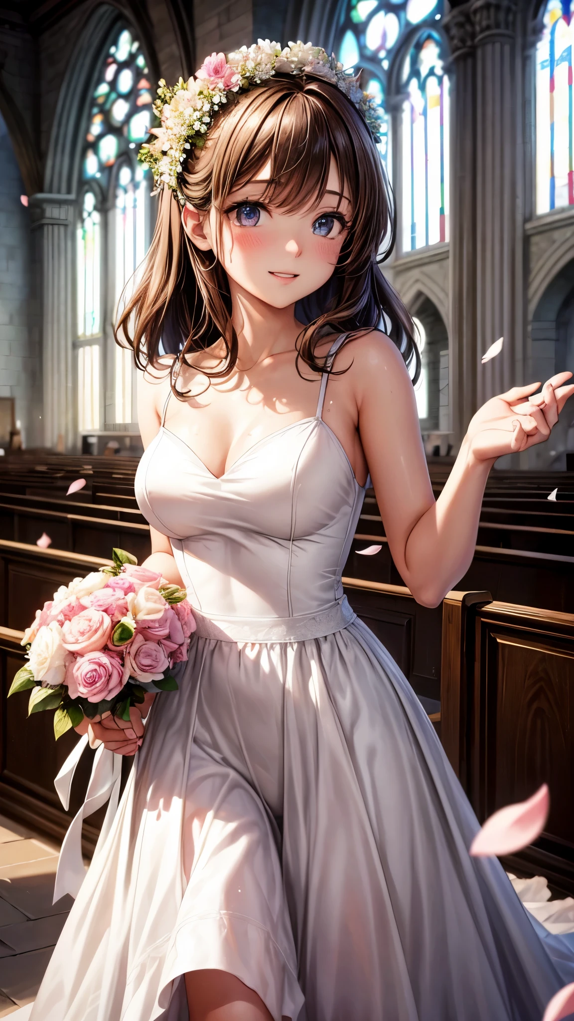 sksbrooke person, sksbrooke, (masterpiece:1.2), (best quality:1.2), perfect eyes, perfect face, 1girl, solo, brown eyes, (medium breasts), perky breasts, seductive look, pink wedding dress, walking down the ailse in a church, sun ray in background from window, hold bouquet of flowers, leaning foreword, very happy, flower petal showering on her