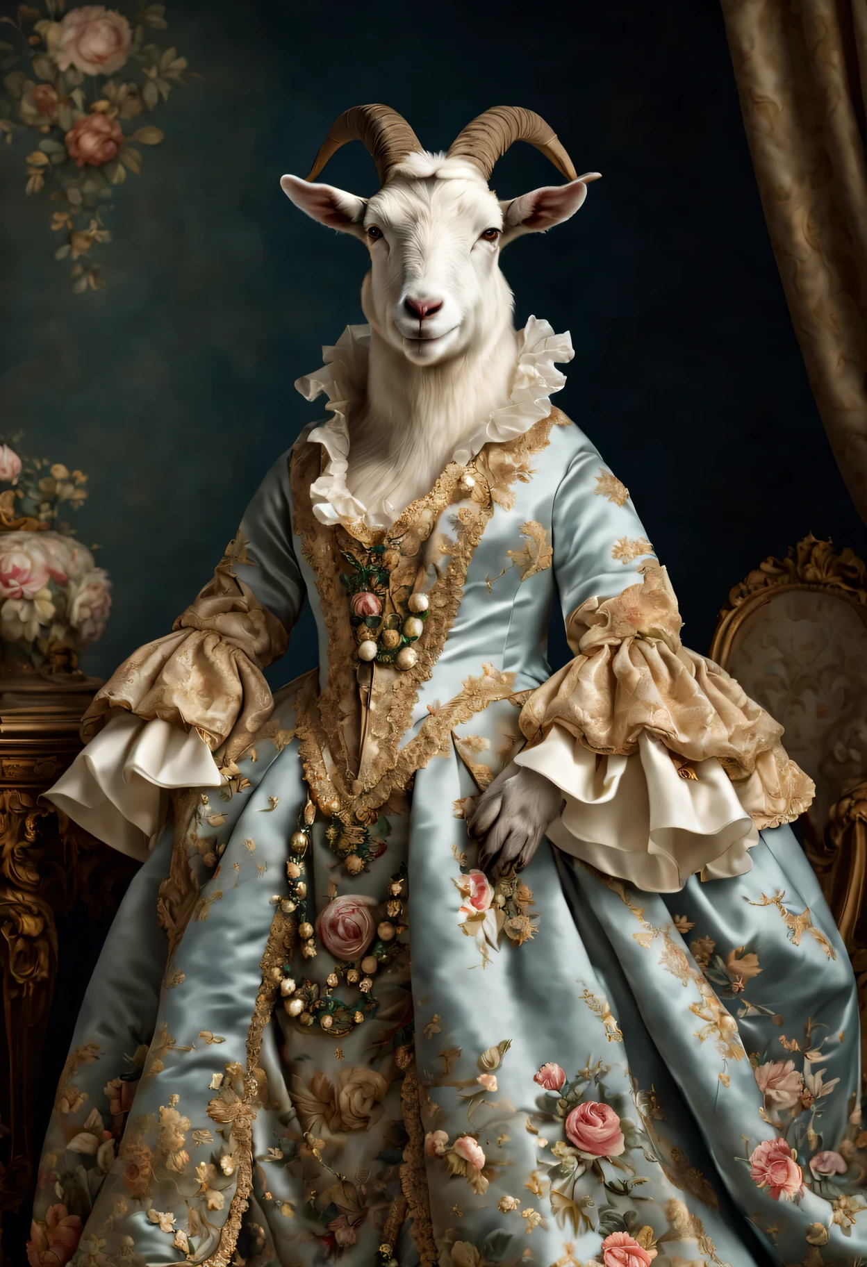 photorealistic portrait of Dressed animals - a fat goat, anthropomorphism of goat, (full body image:1.5), Wearing luxury sack-back gown, Old-fashioned luxury dress, detailed and opulent description of a female aristocratic sack-back gown in Rococo style, emphasizing luxurious fabrics, intricate embroidery, and ornate accessories, Rococo style background