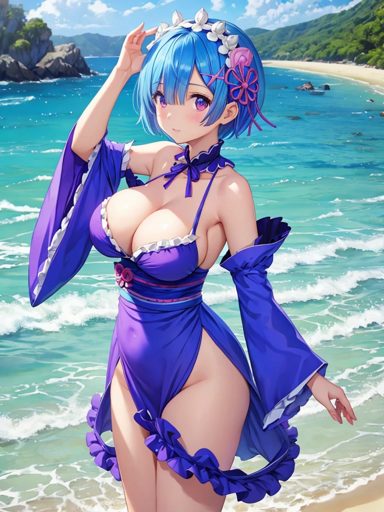 masterpiece, highest quality, Super detailed ,Rem,Re:zero,blue hair girl on the beach, cute face,cute,Charm女の子,short hair,  beautiful girl. detailed digital art, smooth CG art, kimono,Charm女の子, armpit, cute pose, beautiful breasts,big breasts,Charm,Ryukyu style,