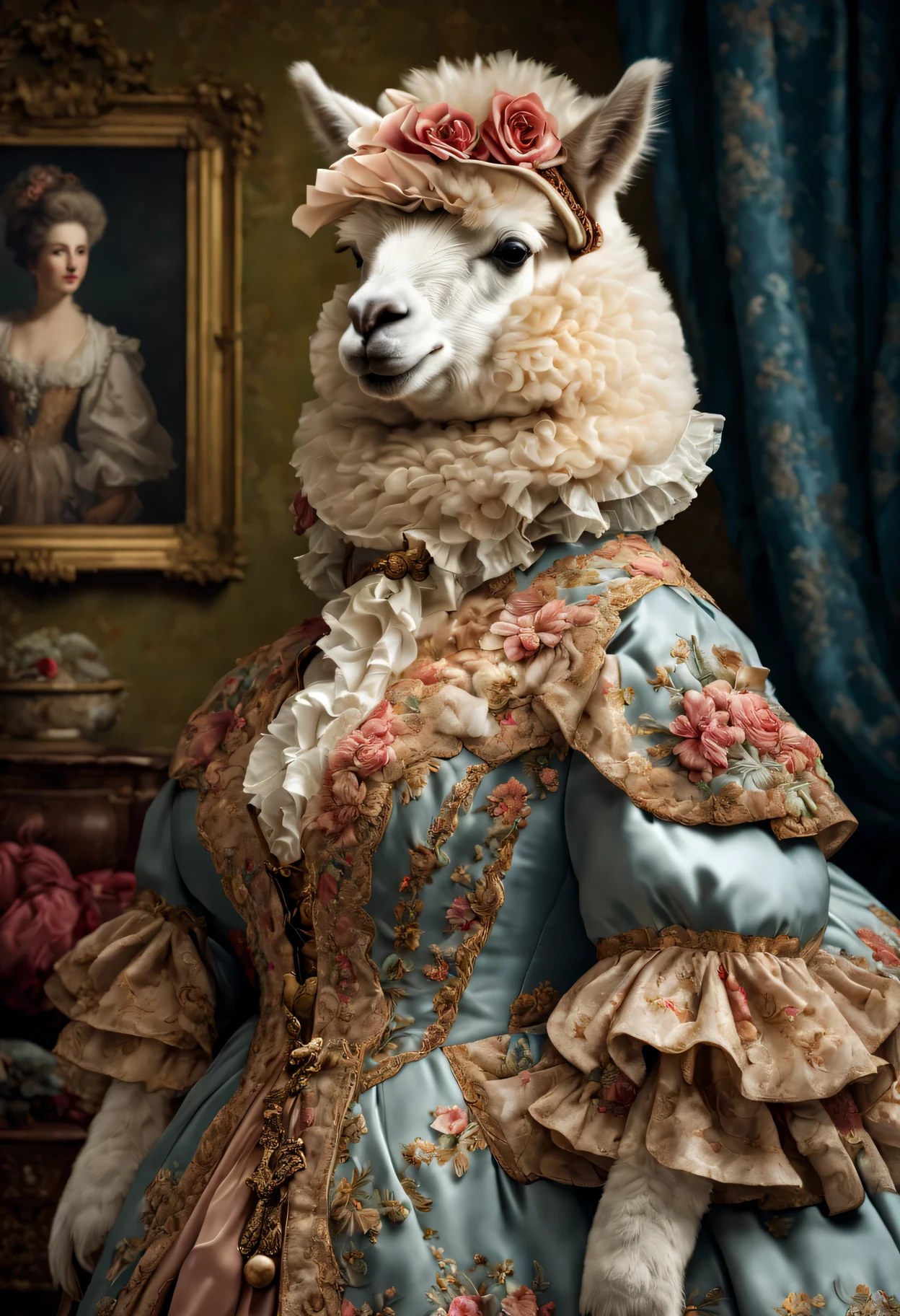 photorealistic portrait of Dressed animals - a fat alpaca, anthropomorphism of alpaca, (cowboy shot), Wearing luxury sack-back gown, Old-fashioned luxury dress, detailed and opulent description of a female aristocratic sack-back gown in Rococo style, emphasizing luxurious fabrics, intricate embroidery, and ornate accessories, Rococo style background