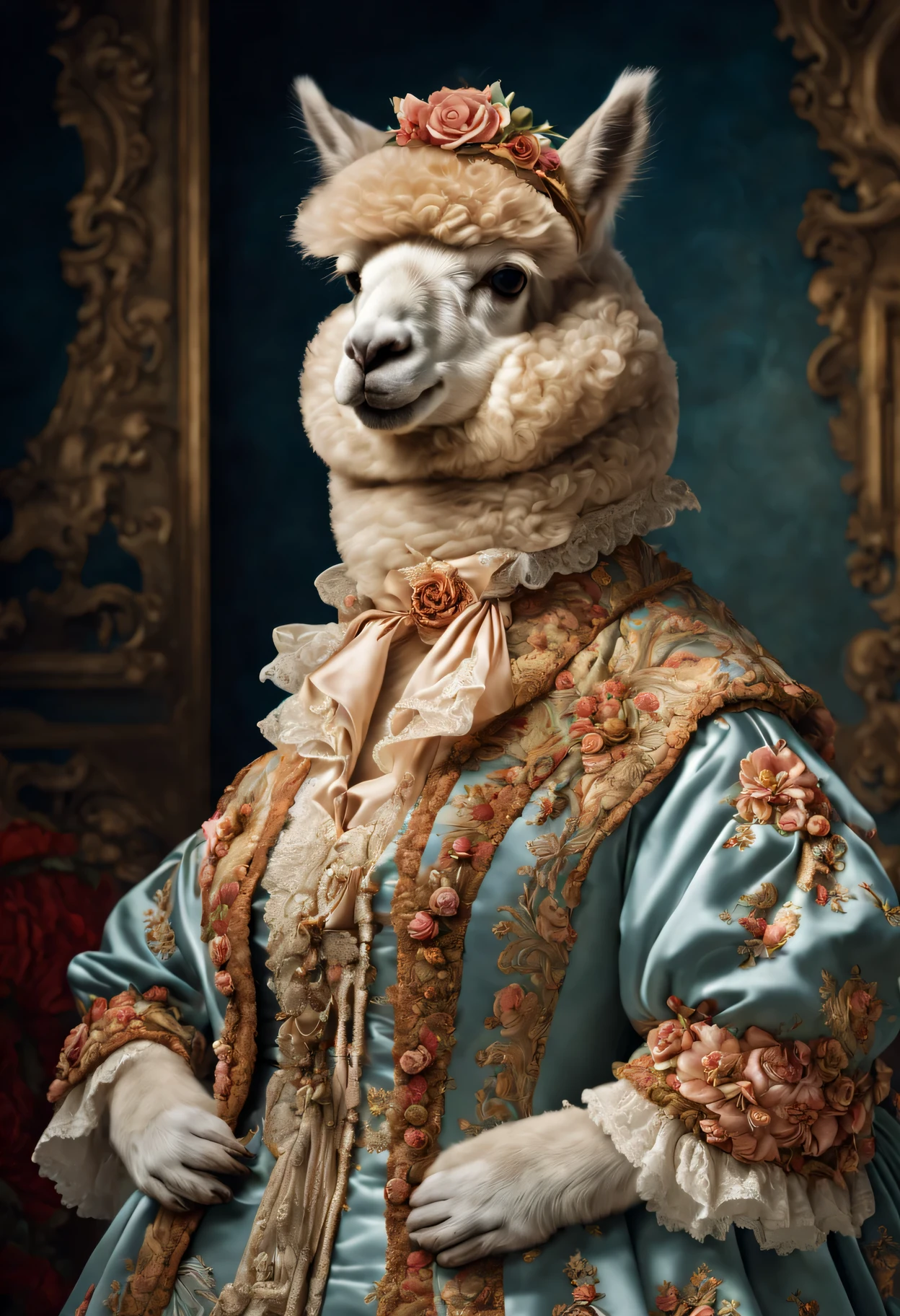 photorealistic portrait of Dressed animals - a fat alpaca, anthropomorphism of alpaca, (cowboy shot), Wearing luxury sack-back gown, Old-fashioned luxury dress, detailed and opulent description of a female aristocratic sack-back gown in Rococo style, emphasizing luxurious fabrics, intricate embroidery, and ornate accessories, Rococo style background