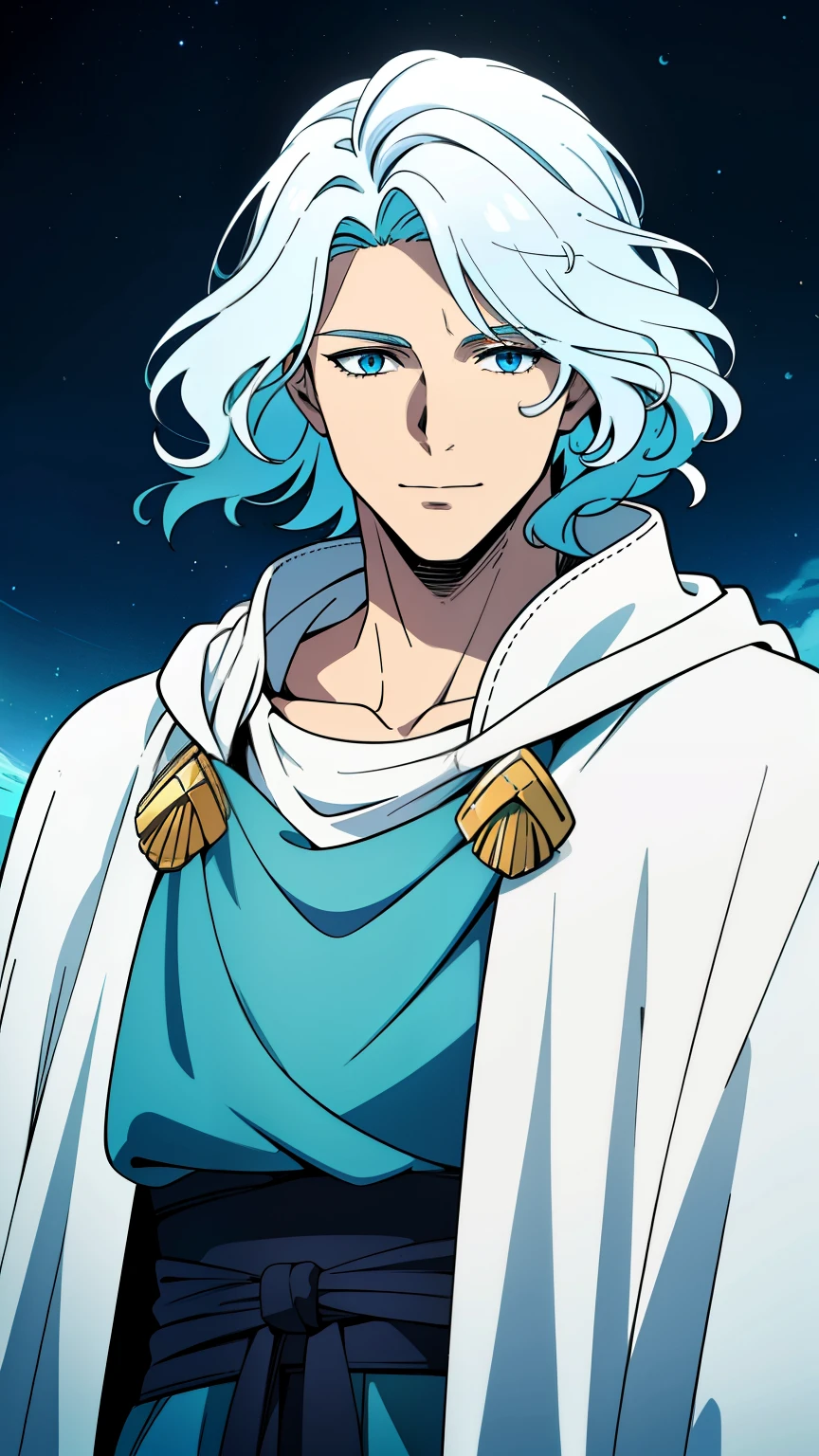 (high-quality, breathtaking),(expressive eyes, perfect face) 1male, male, solo, adult, short length hair, white and ocean blue hair color, multicolored hair, white hair streaks, glowing hair, white strands in hair, ocean like hair, unkept hair, ocean blue eyes, positive expression, soft smile, cloak, shirt, fantasy mage clothing, adventurers attire, God of Freshwater, space background, portrait, upper body, magic, elegant, flowy wavy hair, father vibe, age 50's, Greek Clothing, Moon background