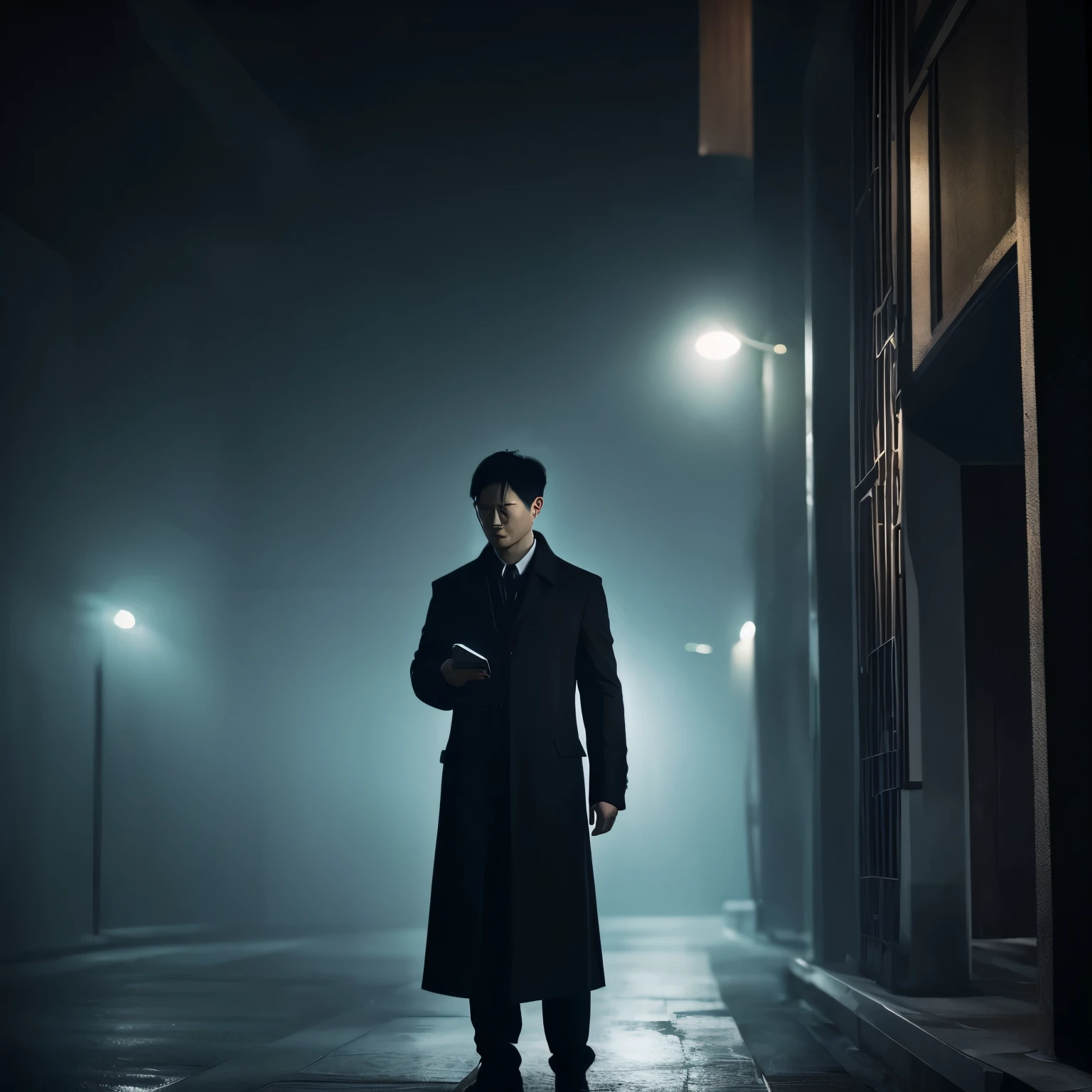 Zhang Yiming typing on his phone, standing, full body shot, side view, ultrarealistic, dark ambience