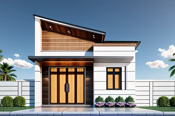 Modern townhouse, combining neoclassical style, street, car running in front of the house, (LoGo:1.5 not appearing), Modern Style, Extremely detailed image, masterpiece, surreal, rendered by vray 2023, 8k rendering, White walls, aluminum glass doors and windows, large yard covered with ceramic tiles, Natural light, cloudy, daytime a few clusters of beautiful small flower pots 8K