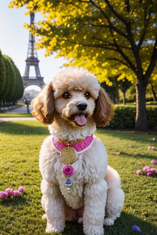 In the background, the beautiful Eiffel, beautiful sky and a radiant sun illuminating the environment, Photography from different angles, Dog looking in different directions, dynamic photography, Foto de perto Poodle tosado, brincando com rosas dentro da boca, Photograph frontal view close to half of the body of a small Poodle dog looking at the viewer coat color pink, white or yellow or colored, the Poodle is at the center of a handmade circle decorated with leaves and flowers of various colors and species, composing a realistic image of fantasy, mysteries and magical charms.