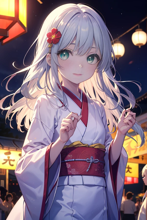 index, index, (green ruby eyes:1.5), silver hair, long hair, (flat chest:1.2),smile,flower hair ornament,tie hair back,smile,A long-haired girl in a yukata enjoying cotton candy at a festival,japanese festival,Summer Festival Stalls,Red lantern,fireworks in the night sky、skyrocket、The place is a fireworks display、Time is night、sunny day、break looking at viewer, Upper body, whole body,break (masterpiece:1.2), highest quality, High resolution, unity 8k wallpaper, (shape:0.8), (beautiful and detailed eyes:1.6), highly detailed face, perfect lighting, Very detailed CG, (perfect hands, perfect anatomy),
