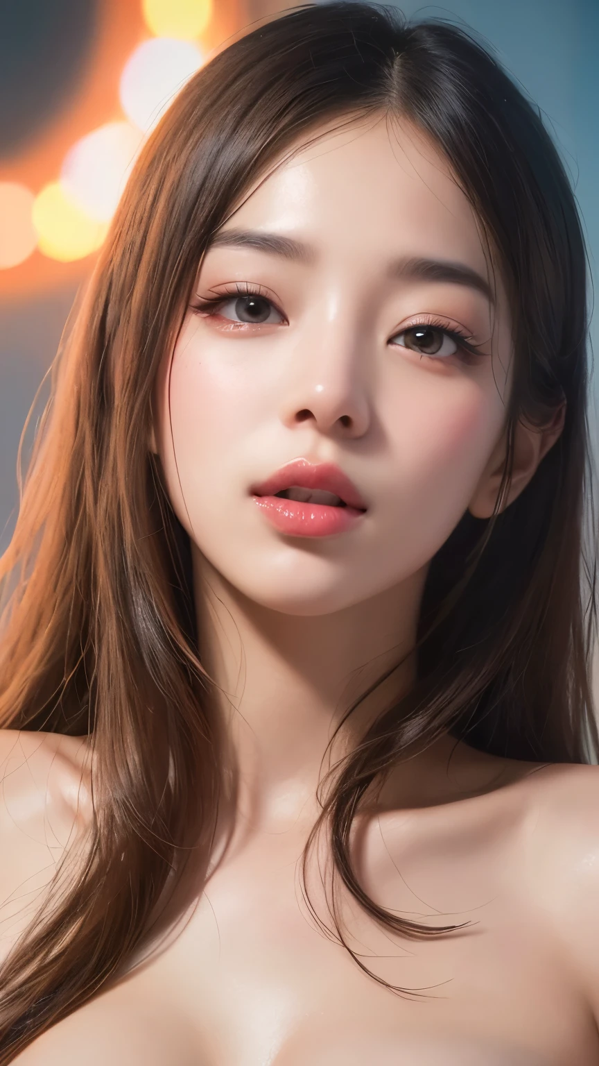 (8k, RAW photo, photorealistic:1.25) ,( lipgloss, eyelashes, gloss-face, glossy skin, best quality, ultra highres, depth of field, chromatic aberration, caustics, Broad lighting, natural shading,Kpop idol) looking at viewer with a serene and goddess-like happiness,  nipslip, brawn hair,Big breasts, Exposed cleavage, blue Eyes, nsfw, ((Dark background)), Sexy face, Facial expressions when receiving pleasure, open mouse,
