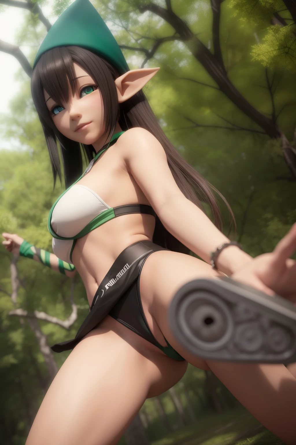 do anime no traje verde e preto nas asas e no fundo verde, duende character, fada, forest fada, garota treinadora de insetos, brunette elf with fada wings, duende, cute 3d anime rendering, April rendering, fada dance, pernas abertas