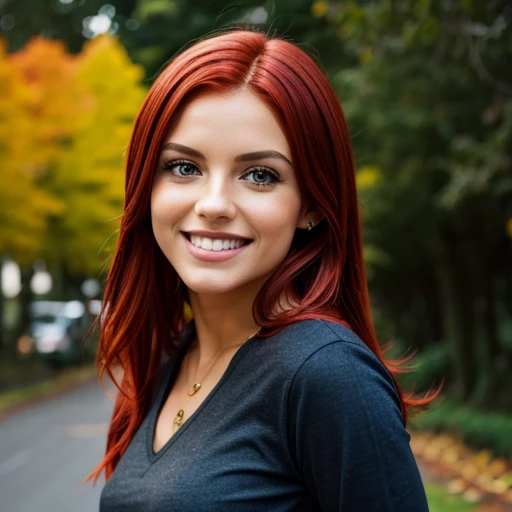 Hyper-realistic, highly detailed, Very cute female, bright red hair, green eyes, clothes black shirt,  beautiful background. Smiling. 70mm lens
