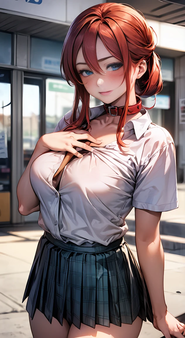 (masterpiece:1.2, highest quality), (realistic, photorealistic:1.4), beautiful illustrations,
looking at the viewer, whole body, Front view:0.6,
1 female, Japanese, ((Redhead chignon:1.4)), blown hair, bangs, hair between eyes, big breasts:0.8,
beautiful hair, beautiful face, beautiful and detailed eyes, (blue eyes:1.3), beautiful clavicle, beautiful body, beautiful breasts, beautiful thighs, beautiful feet, beautiful fingers,
(beautiful scenery), (Inside a convenience store),
((Short sleeve shirt with collar, Green Plaid Pleated Skirt)), (Black apron)white panties,
(Are standing, lift the skirt, Grab the hem of the skirt, put your hand on your chest, hand between legs),
(glare at the viewer while blushing:1.3)