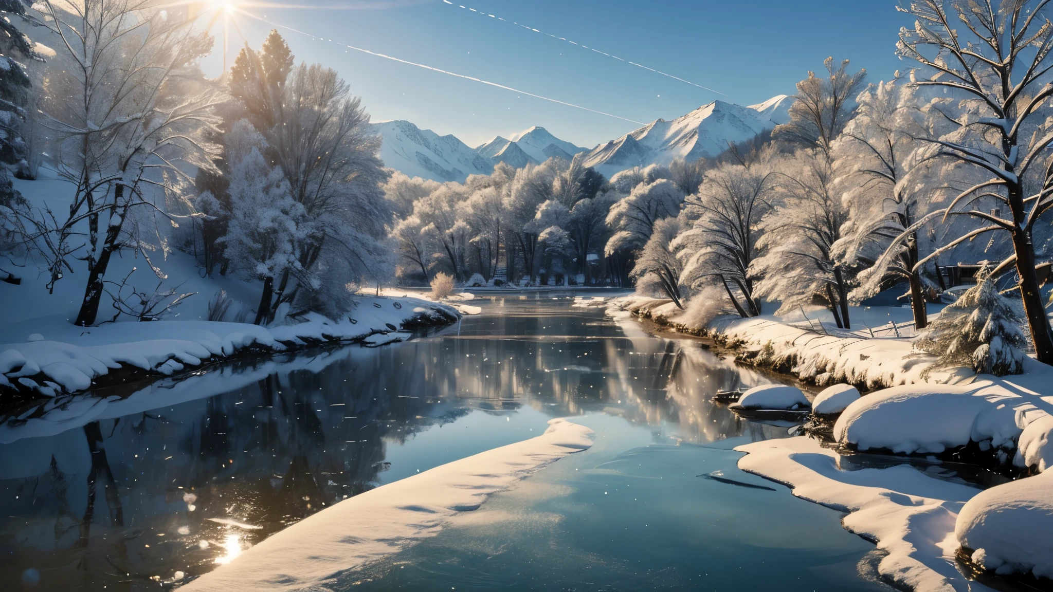 8K、masterpiece、beautiful detailed shine、Natural light、winter、snow、river