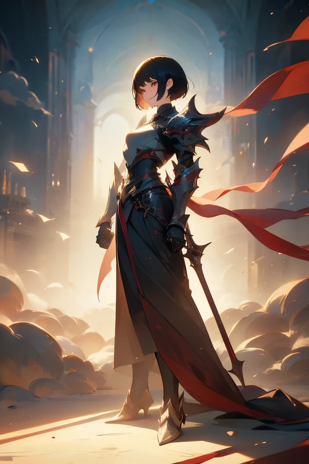best quality, masterpiece, super high resolution, (lifelike:1.5), original photo, 1 girl, shoulder, in the dark, deep shadow, understated, cold light, sexy look, short hair, 1girl, superlative, teenager, girl, short hair, complex knight armor, hanfu, cool armor, white skin, sexy, delicate figure, bright, colorful, outdoor, full-body, bright, clouds, wind, city, solid color background, arms behind back, looking at the audience, Brunette (beautiful detailed face, beautiful detailed eyes), (very delicate beautiful), ((mean, charming)) ultra-defined), shadow texture, (fine detail: 1.2), ultra detail, summer tone