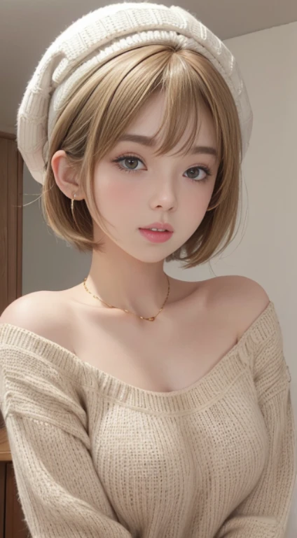 (Masseter muscle part:1.3)、(8K、Photoreal、Raw photo、highest quality: 1.4)、(1 girl)、beautiful face、(lifelike face)、(Light Beige Mixed Hair、short hair:1.3)、(super big )、off shoulder sweater、It&#39;s sticking out 、appear、((Sexy))、beanie、Wearing a knitted cute pom-pom hat、necklace、(Display hats on the screen)、realistic eyes、beautiful details、（beautiful skin）、beautiful skin、absurd、attractive、Super high resolution、surreal、high detail、golden ratio