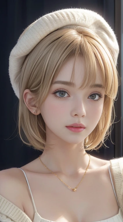 (Masseter muscle part:1.3)、(8K、Photoreal、Raw photo、highest quality: 1.4)、(1 girl)、beautiful face、(lifelike face)、(Light Beige Mixed Hair、short hair:1.3)、(super big )、off shoulder sweater、It&#39;s sticking out 、appear、((Sexy))、beanie、Wearing a knitted cute pom-pom hat、necklace、(Display hats on the screen)、realistic eyes、beautiful details、（beautiful skin）、beautiful skin、absurd、attractive、Super high resolution、surreal、high detail、golden ratio