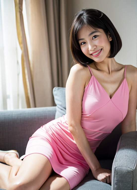 An arafe Asian woman in a pink dress sitting on a sofa, japanese goddess, with a charming smile, Yoshitomo Nara, elegant japanese woman, Photographed with canon eos 5 d mark iv, Photographed with Canon 5D MK4, ayami kojima amano, Lovely lady, with short hair, sitting in the bedroom, asian woman