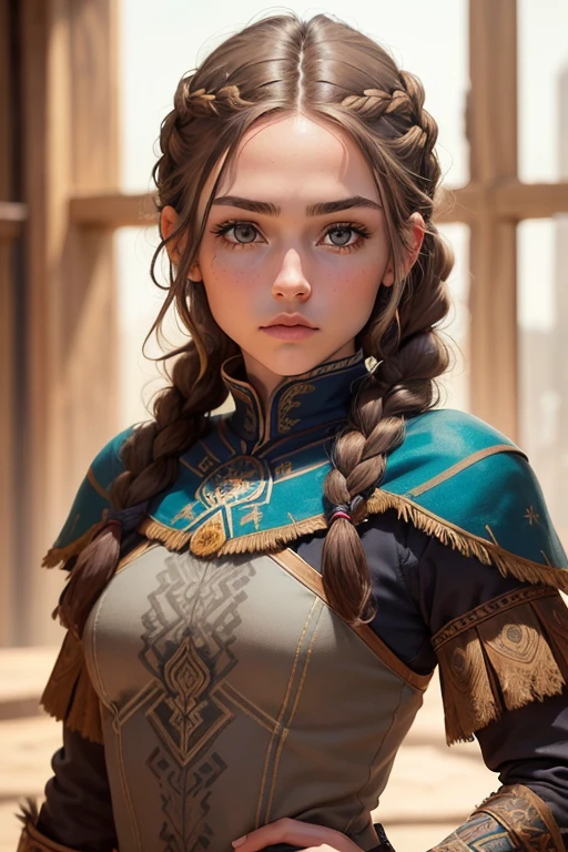 (Obra maestra, La mejor calidad) (young warrior woman of nordic descent), (ojos verdes), (Muscular), (falda de piel), (brown hair color),(loose hair with small braids on the scalp), (top con correa de cuero) plumas, capa sobre el hombro, bufas, (azul, gray and brown suit).