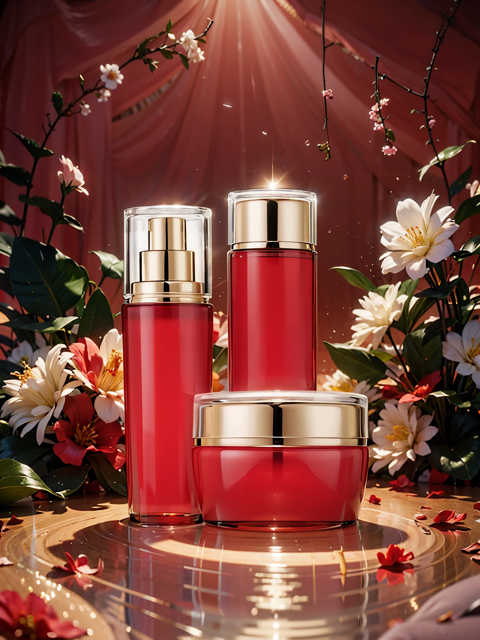 Refreshing Photos and Capture Ingredients of Moisturizing Face Cream。The stage features a fresh, soft red background and soft diffused lighting,Creates a fresh and sweet feeling。Place a beautifully designed Base in a prominent position in the frame,Below is the slow flow of water,And decorated with delicate petals,Capture the moment when the scent envelopes the entire scene,Create an atmosphere of elegance and indulgence,8k,high resolution,C4D
