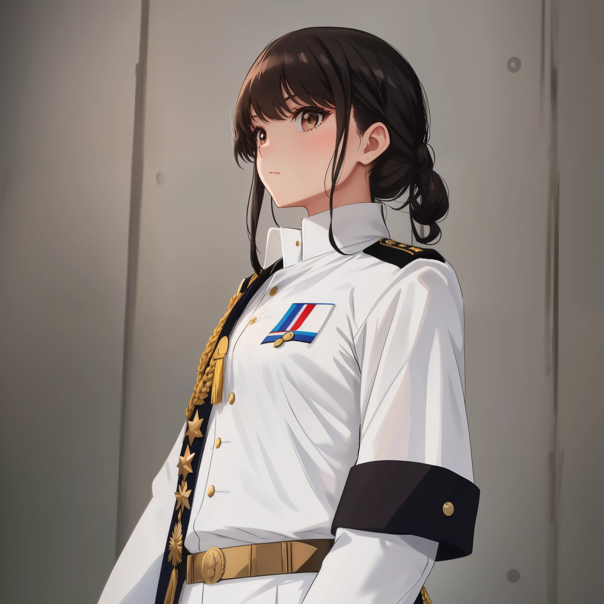 photo of a girl in a military uniform posing for a picture, white uniform, brown eyes, black hair black band on arm, medal on shirt, looking to the side. inspired by Prince Paul of Yugoslavia