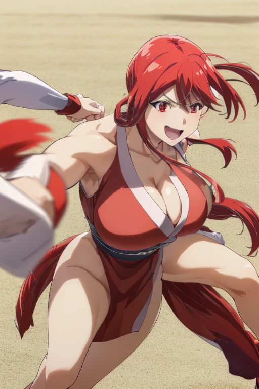 masterpiece, high resolution, best quality, beautiful art,well formed hands, body and fingers, 1 woman, solo,Akane Hiyama, big breasted, cleavage, mature woman, grown up, alluring body, cosplaying as Mai Shiranui, sexy red japanese clothes, full body, sexy legs, thighs and hips, she is fighting in a martial arts tournament match, using her open red fans to attack, sexy moves, action and combat scene, smiling joyfully, showing her fighting skills, looking and attacking at the viewer, being confident and proud,, beach environment 