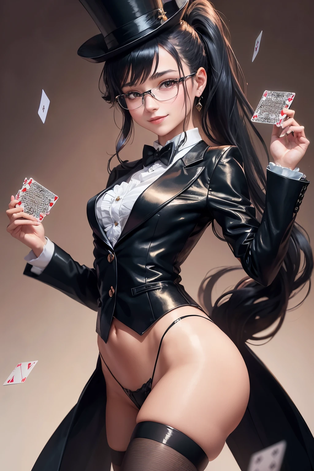 Beautiful female magician, ************, Playing Cards, long hair in a ponytail,, bangs, Bright smile, Wear glasses, Wear a small top hat., wearing a black bunny costume, Wear a long-tailed tuxedo., Wear black stockings., There are cards flying everywhere.,