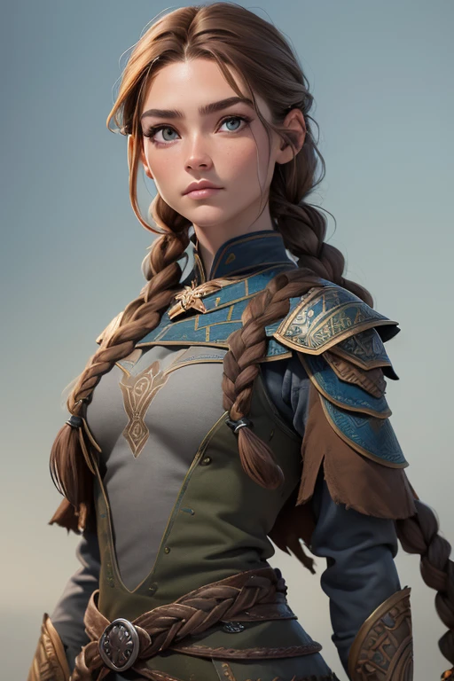 (Obra maestra, La mejor calidad) (young warrior woman of nordic descent), (ojos verdes), (Muscular), (falda de piel), (brown hair color),(loose hair with small braids on the scalp), (top con correa de cuero) plumas, capa sobre el hombro, bufas, (azul, gray and brown suit).