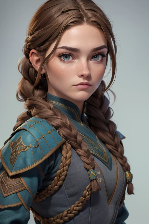 (Obra maestra, La mejor calidad) (young warrior woman of nordic descent), (ojos verdes), (Muscular), (falda de piel), (brown hair color),(loose hair with small braids on the scalp), (top con correa de cuero) plumas, capa sobre el hombro, bufas, (azul, gray and brown suit).