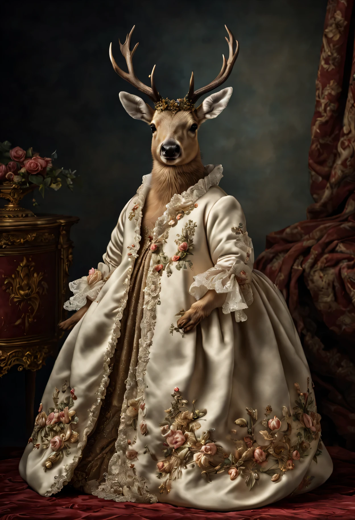 photorealistic portrait of Dressed animals - a fat baby elk, (full body image:1.5), Wearing luxury sack-back gown, Old-fashioned luxury dress, detailed and opulent description of a female aristocratic sack-back gown in Rococo style, emphasizing luxurious fabrics, intricate embroidery, and ornate accessories, Rococo style background