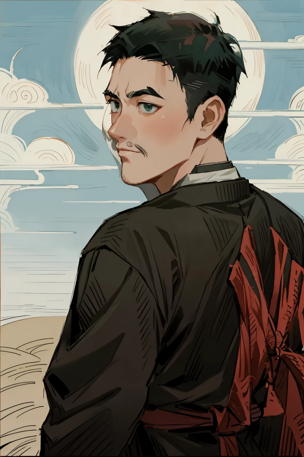 a man with a sword standing in front of a full moon, handsome guy in demon slayer art, badass anime 8 k, samurai man vagabond, inspired by Kanō Hōgai, 4 k manga wallpaper, inspired by Kanō Sanraku, ronin, miyamoto musashi, samurai style, as samurai, 4k anime wallpaper