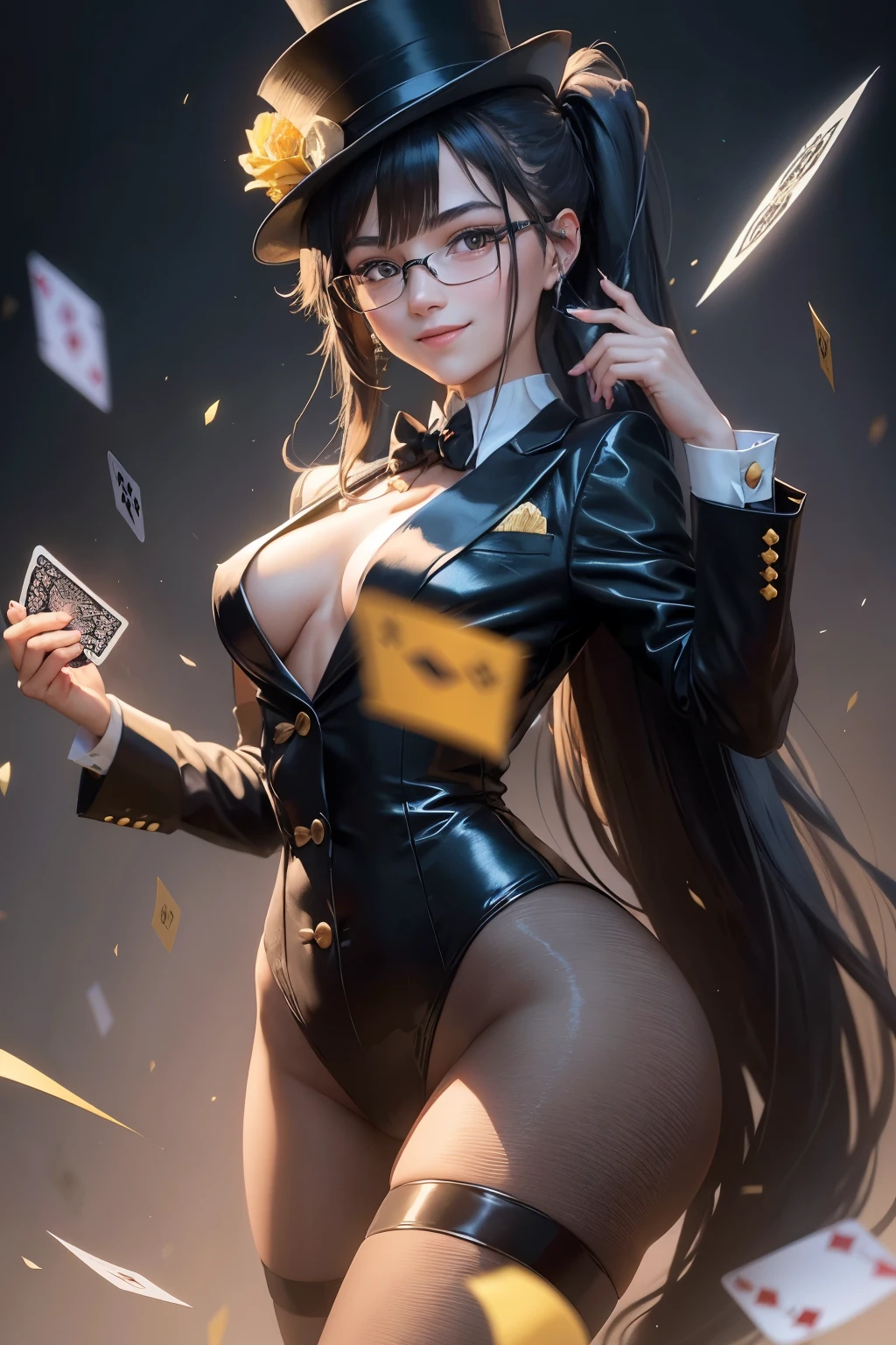 Beautiful female magician, , playing cards, long hair in a ponytail, bangs, smiling brightly, wearing glasses, wearing a small top hat, wearing a black bunny suit, wearing a yellow long tail tuxedo, wearing black Pantyhose, There were cards flying everywhere,