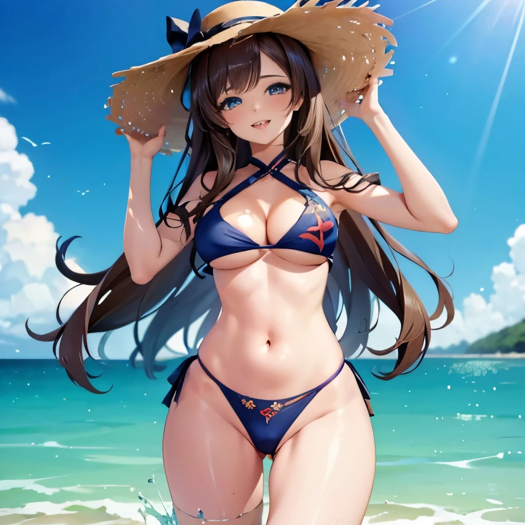 Full hd, super detail, high quality, masterpiece, woman, 4k resolution, (Anime style image), 20 years old, beautiful, cute face, hazel eyes, brunette, short, small frame, cute eyes, big eyes, attractive eyes, cleavage, beach background, beautiful eyes, beautiful body, smiling, straw hat on, shiny eyes, makeup on, lipstick, blushing, sexy body, sexually suggestive, feminine features, attractive feminine body, small waist, pretty face, sexy ass, wide hips, sexy pose, posing sexually, anime style girl, bikini, sexy bikini, showing lots of cleavage, big , big ass, sexy bikini, cute girl, attractive face, attractive eyes, attractive body, attractive girl, sexy image, bending over showing cleavage, shiny cleavage, eyes shining in the sunlight, supermodel facial features, hot body, gleaming irises, (shiny colorful eyes), amazing eyes, amazing body, sexy hair, smiling, happy expression, sexually suggesting, showing ass, blue bikini, very white sclera, (wide and happy smile), girlfriend, friendly expression, sexual smile, grabbing their breasts, normal human hands, normal human fingers, delicate features, correct human fingers, stunning looks, wide smile, smile showing delicate teeth, normal human anatomy, emphasis on cleavage, putting hands behind head, holding straw hat from behind, having fun, enjoying