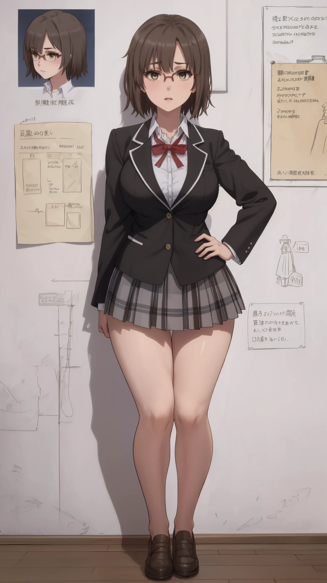 girl, solo, full body, from head to toe, standing, (Huge_Breasts:1.3), (short_skirt:1.2), mini skirt, (very short_skirt:1.2)

Character Design Sheet, character reference sheet, character turn around,

hina ebina, short hair, brown hair, black hair, (brown eyes:1.5), glasses,

skirt, ribbon, school uniform, jacket, black jacket, plaid, plaid skirt, blazer, sobu high school uniform,