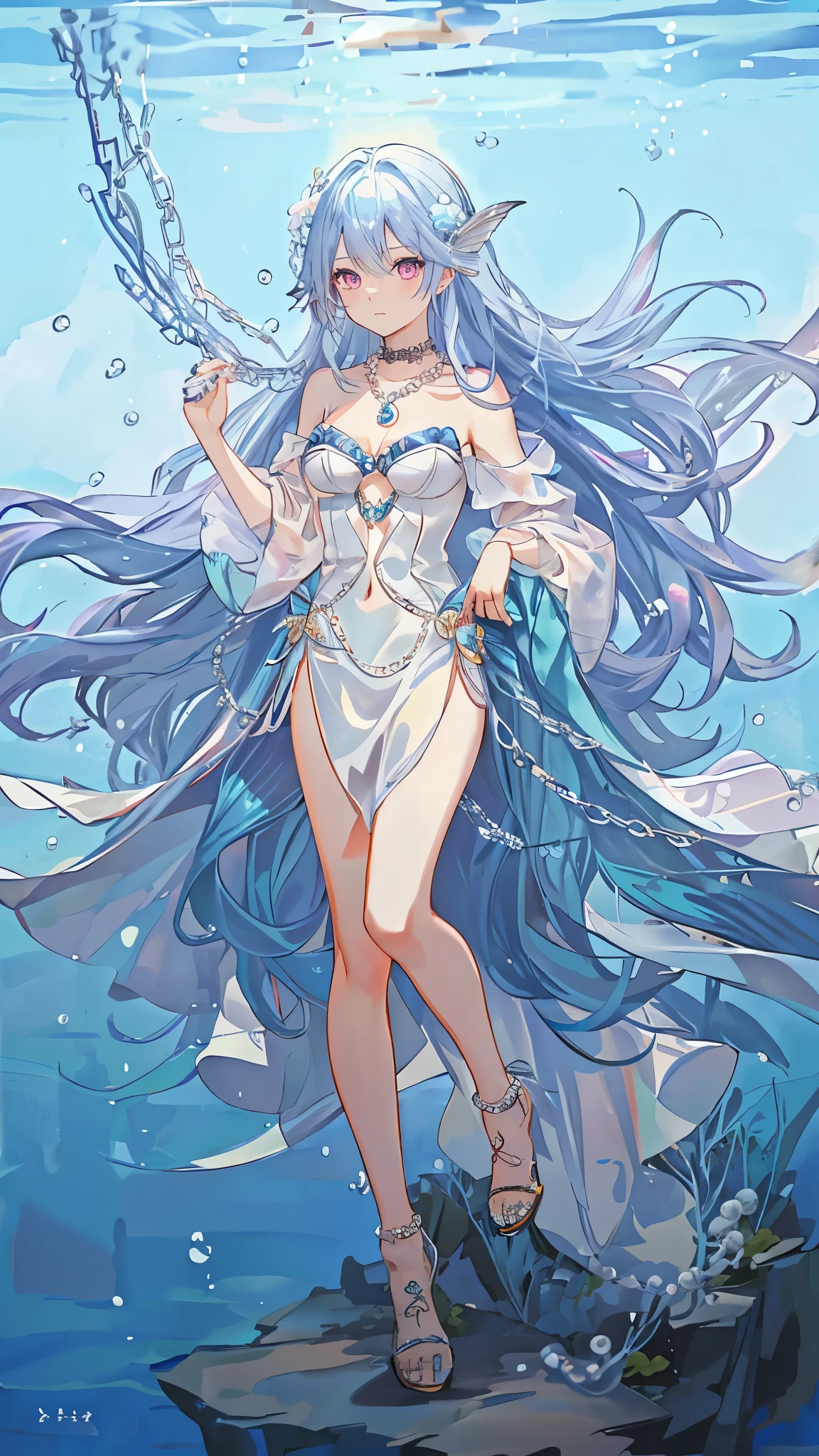 海long blue hair,close up,dream world,Mermaid girl, 海long blue hair,Nice pink eyes,underwater,tear nevus,Mermaid ears,(pearl head chain,necklace),necklace,Long off-the-shoulder blue dress,humanoid, Poseidon temple background, her skin is white, fair complexion,pink eyes,long blue hair, High heel,black legs,tattoo