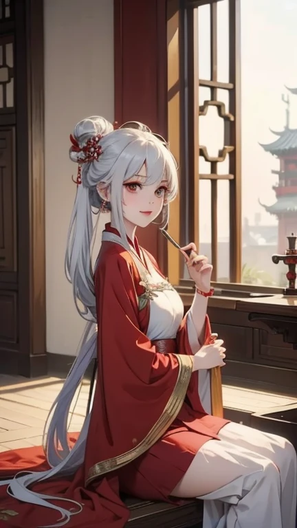 A woman in a red dress sits at the table,Holding a banner in hand,Happy New Year written on the banner,happy smile,旁边是一条小white dragon, white hair, Onmyoji, white dragon, 《Genshin》Keqing in, white hair, white dragon女 动漫女神,Long-sleeved clothes,red high heels,Wearing Hanfu,short skirt,Big breasts。