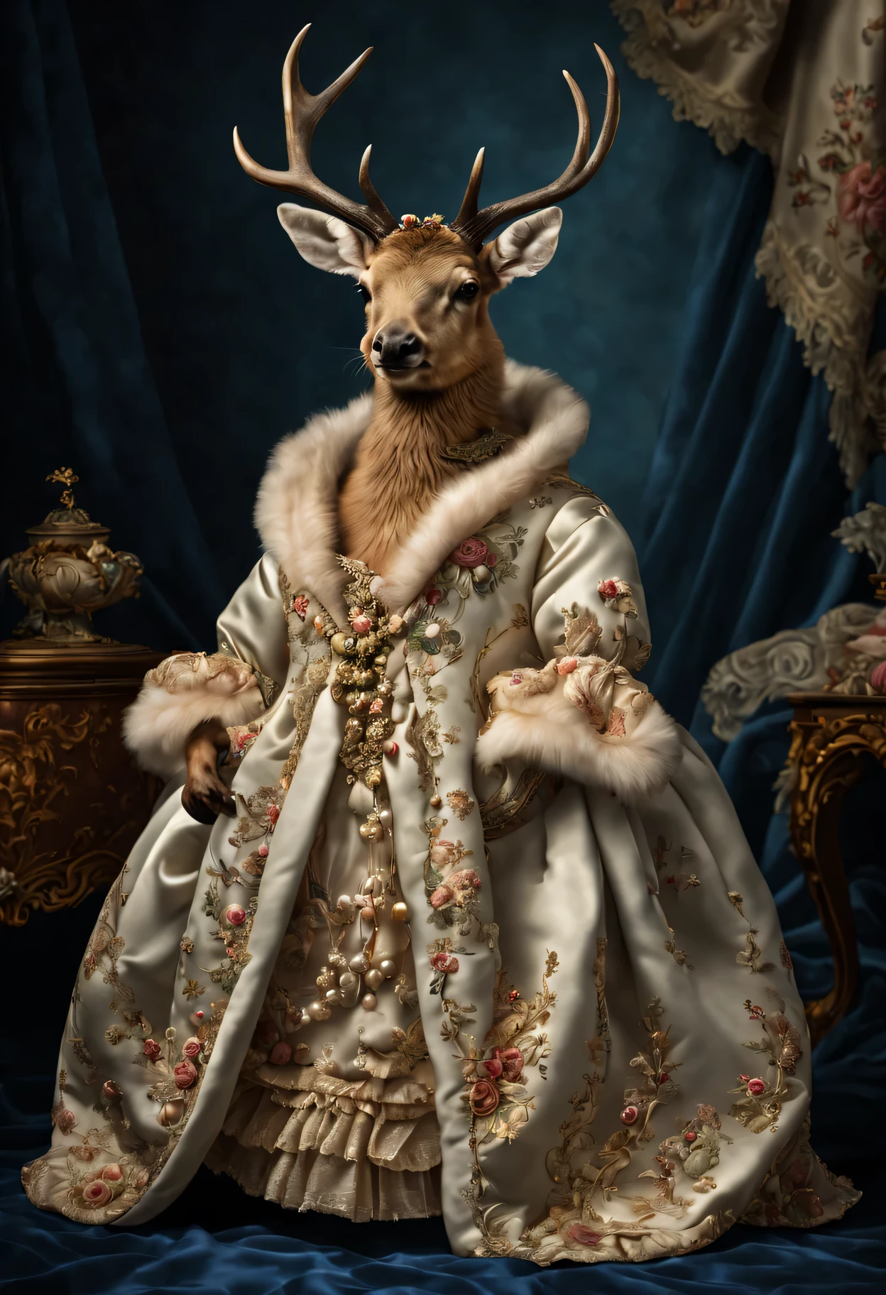 photorealistic portrait of Dressed animals - a fat baby elk, (full body image:1.5), Wearing luxury sack-back gown, Old-fashioned luxury dress, detailed and opulent description of a female aristocratic sack-back gown in Rococo style, emphasizing luxurious fabrics, intricate embroidery, and ornate accessories, Rococo style background