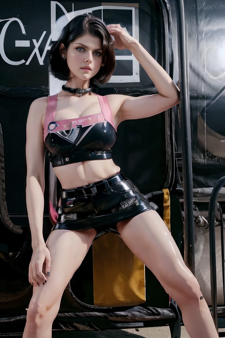 Alexandra Daddario with blue eyes wearing eye liner, pink lips, short black hair in an undercut bob, wearing a black latex crop top and mini skirt, cleavage, belt, neutral background