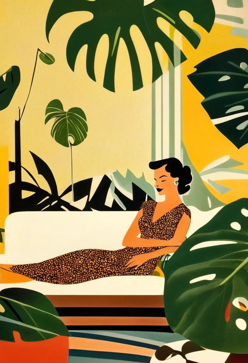 Eames furniture and white wallpaper,Beautiful woman relaxing on a sofa surrounded by monstera,mid-century