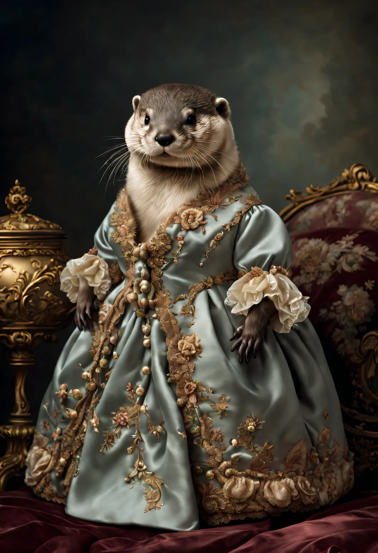 photorealistic portrait of Dressed animals - a fat  otter, (full body image:1.5), Wearing luxury sack-back gown, Old-fashioned luxury dress, detailed and opulent description of a female aristocratic sack-back gown in Rococo style, emphasizing luxurious fabrics, intricate embroidery, and ornate accessories, Rococo style background