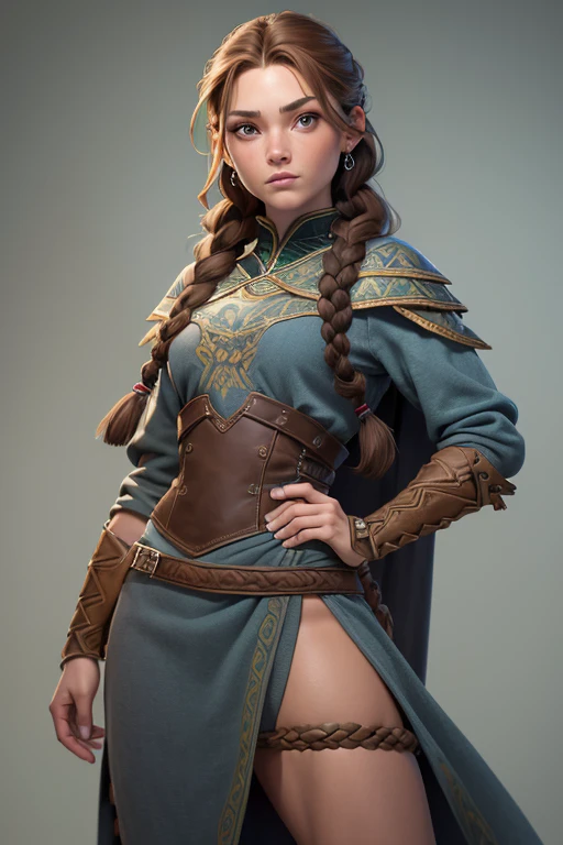 (Obra maestra, La mejor calidad) (young warrior woman of nordic descent), (ojos verdes), (Muscular), (falda de piel), (brown hair color),(loose hair with small braids on the scalp), (top con correa de cuero) plumas, capa sobre el hombro, bufas, (azul, gray and brown suit).