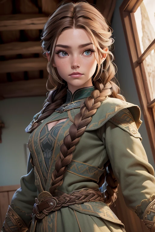 (Obra maestra, La mejor calidad) (young warrior woman of nordic descent), (ojos verdes), (Muscular), (falda de piel), (brown hair color),(loose hair with small braids on the scalp), (top con correa de cuero) plumas, capa sobre el hombro, bufas, (azul, gray and brown suit).