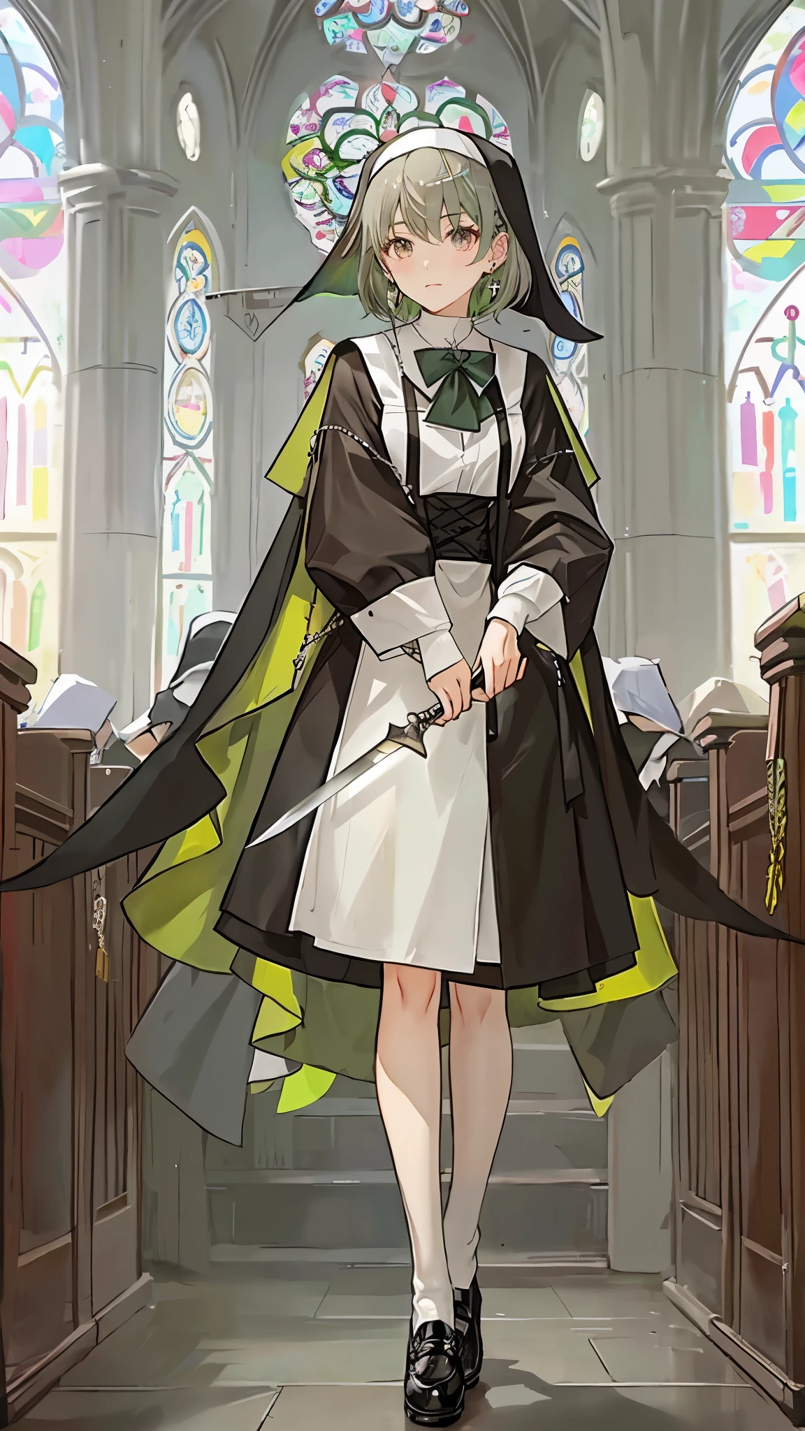 Short gray-green hair,close up,dream world,Nun sister,loose nun, Gray-brown eyes that have lost their highlights,abbey,pray,tear nevus,earrings,(earrings,Holding a short knife),necklace,bow tie,humanoid,Mirror,Church background, her skin is white, fair complexion,Short gray-green hair发, flat shoes,Short socks