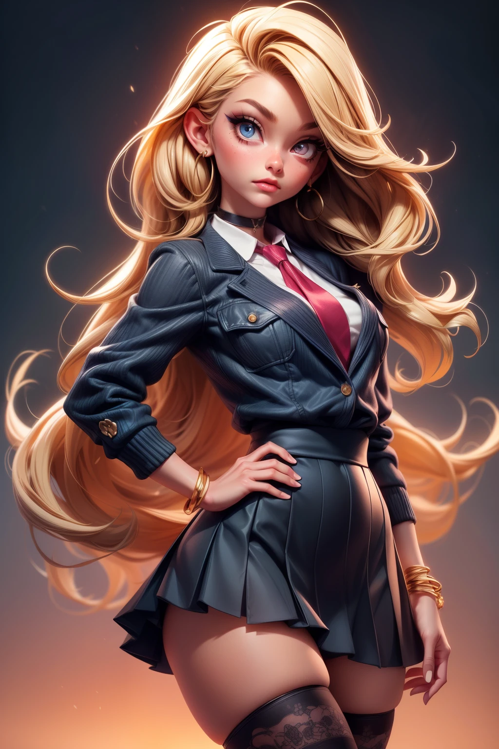 1girl,solo,(lovesome), makeup, (blond hair), (absurdly long hair), (hair tubes),bracelet,earrings, choker, (high quality), (best quality), sharp focus:1.2, ((masterpiece)), 

hyper detailed, perfect face, detailed face, perfect curvy body,perfect dark eyes, detailed eyes,perfect female figure, detailed hands,narrow waist, narrow hips, narrow 

waist, narrow hips, (dynamic poses), (wide hips:1.2, narrow waist, large ass, fit), (school uniform, skirt), ( black thigh highs), (cowboy shot)
