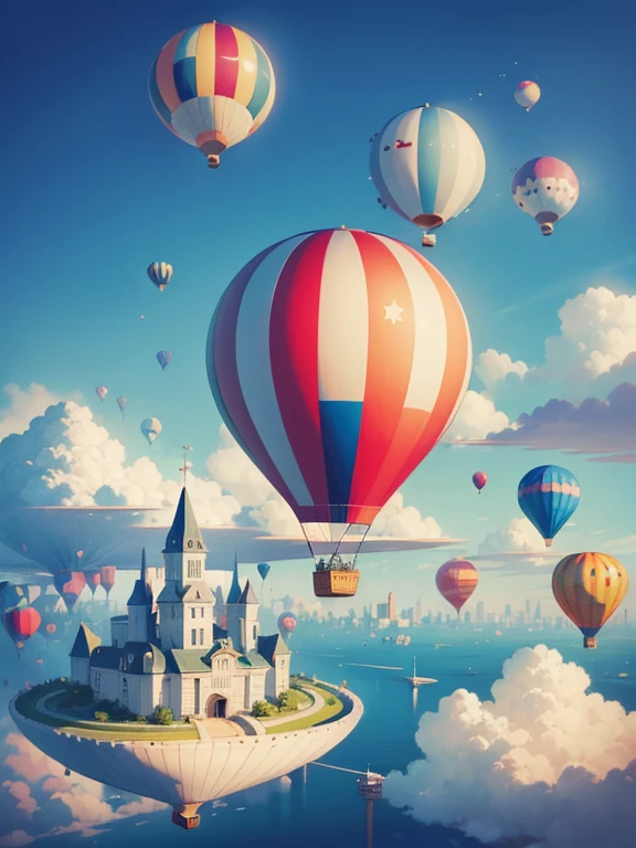 A whimsical floating city in the sky, houses on clouds, hot air balloons navigating, birds wearing hats flying by, a world where the ordinary meets the extraordinary, Illustration, digital drawing in Procreate