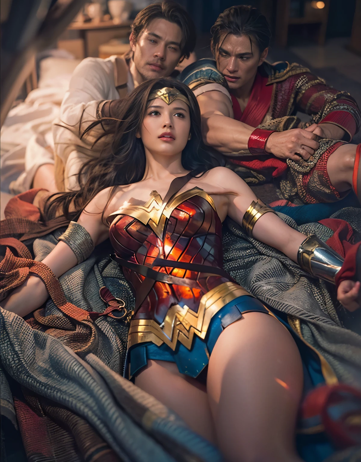 (Wonder Woman lying down)、Wonder Woman and a man in close contact,Wonder Woman is captured by a man,Wonder Woman being held down by a man,wonder woman fighting a man,wonder woman fighting a man,Wonder Woman is attacked by a man,Wonder Woman attacked by a man,wonder woman defeated,injured wonder woman,injured wonder woman,highest quality、masterpiece、ultra high resolution、(Photoreal:1.4)、Wonder Woman with a distressed face、（wear wonder woman costume）、glowing skin、,(Small LED)、((Super realistic details))、portrait,global illumination、Shadow、octane rendering、8K、intricate decorative details、Japan details、very intricate details、realistic light、(Mystical expression),Trends in CG society、red eyes、shining eyes、towards the camera、neon details、、Small LED、