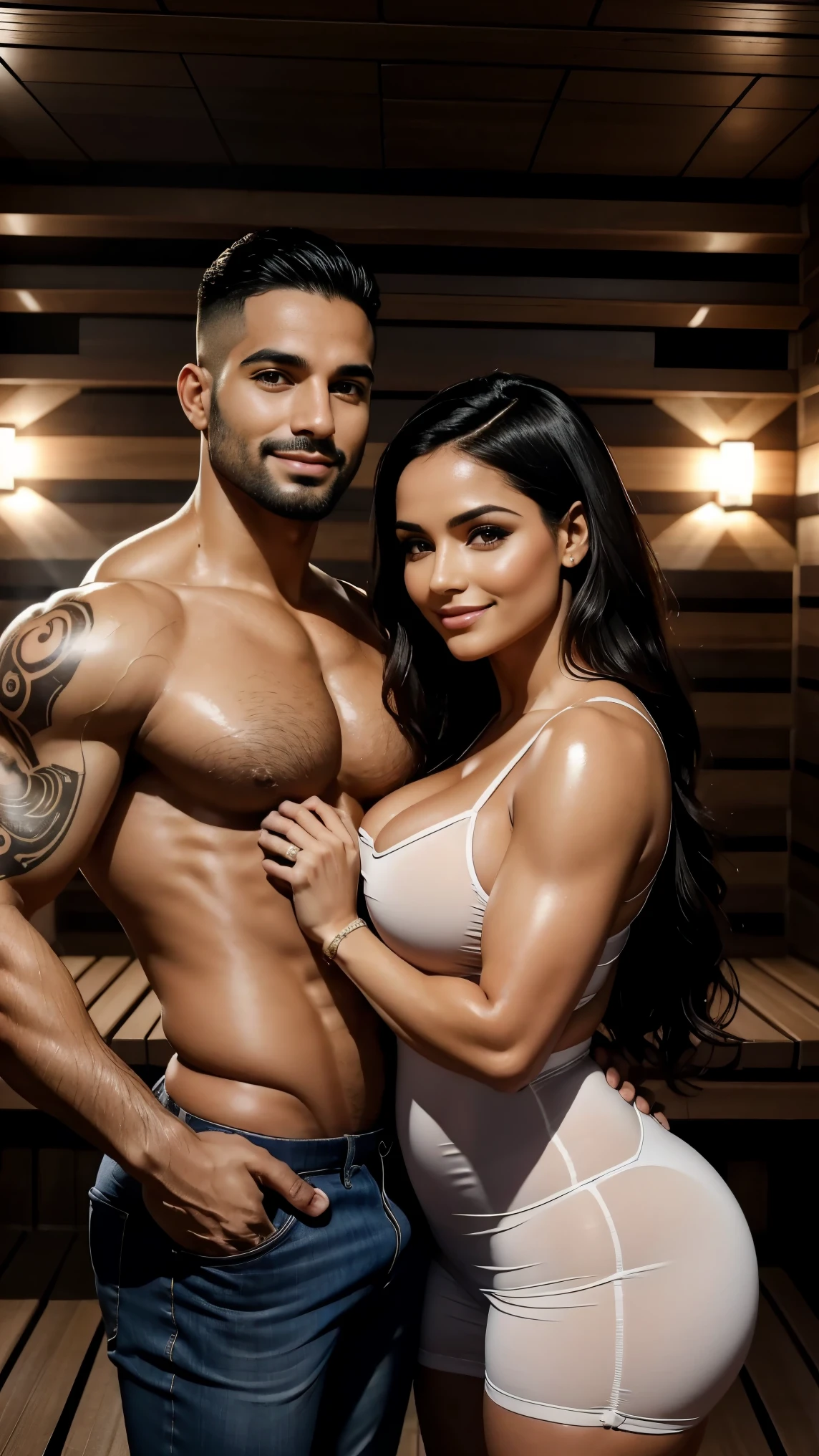 Mulher e homem Latinos, they are both 30 years old, couple romantic pose. Ela veste biquini branco com detalhes dourados, has very long, wavy black hair, Rosto chubby lindo, corpo chubby, corpo perfeito, voluptuous curvy body, seios enormes, bunda empinada, skin oiled, Olhos detalhados, detailed hands. Ele veste sunga preta, tem cabelo preto liso undercut, rosto lindo perfeito, rosto delicado, Symmetrical face, ele tem olhos castanho claros, barba feita, boca pequena linda levemente rosada, corpo bodybuilder, he has a tattoo on his right arm. The couple is in a sauna. Both looking happily smiling at the camera. He is a little taller than her.