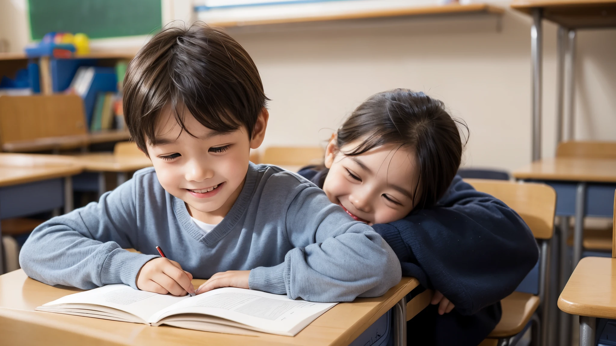 reading carefully in the classroom,Smiling,Warm,photograph,Realistic,