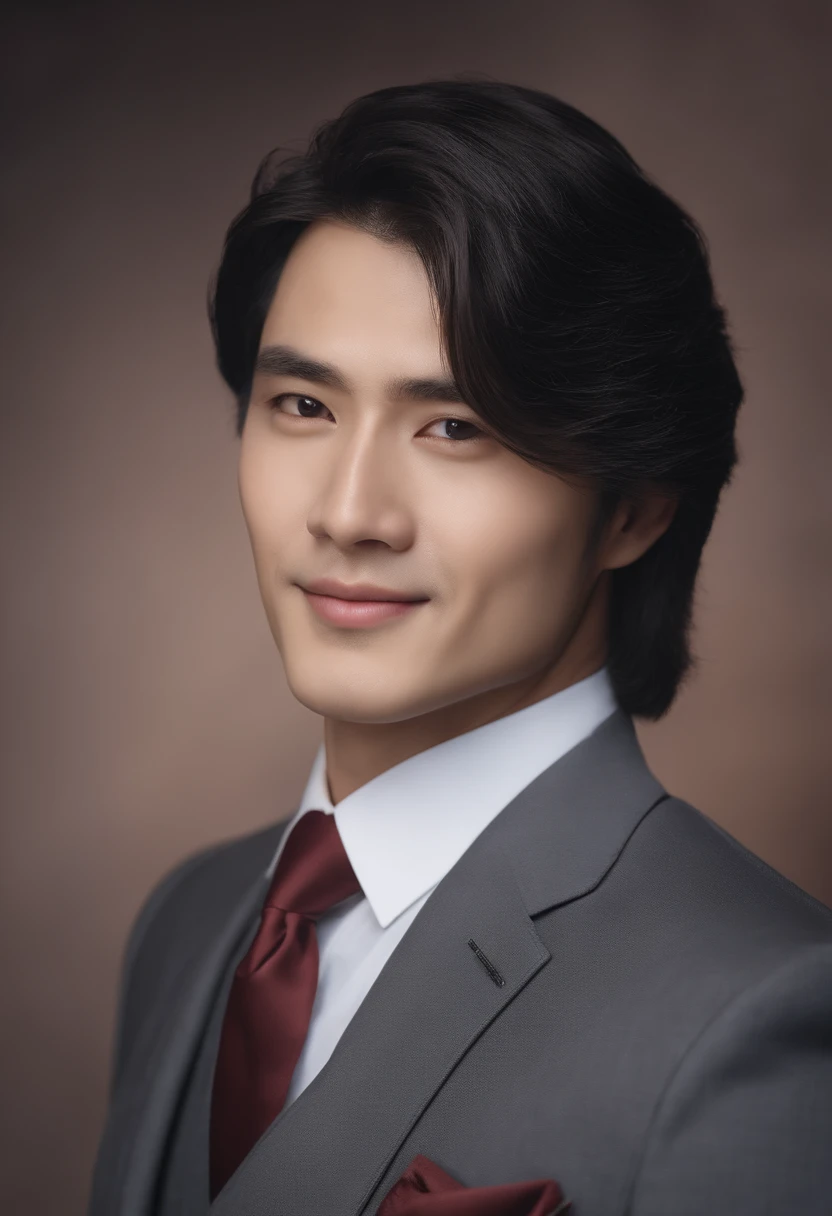 Little cool Japan man in gray business suit, office, very detailed, 39 years old, innocent face, natural wave hair, blue eyes, high resolution, masterpiece, top quality, intricate details, very detailed, sharp focus, detail skin, realistic skin texture, texture, detailed eyes, professional, 4K, attractive smile, eyes are large, necklace on the neck, Shot in Canon, 85mm, shallow depth of field, Kodak Vision color, perfectly fitting body, highly detailed, photot_ (ultra), photorealistic, realistic, postworking, maximum detail, roughness, real life, hyperrealistic, photorealism, photography, 8K UHD, photography