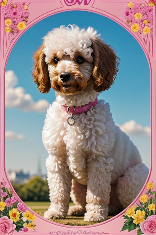 In the background, the beautiful Eiffel, beautiful sky and a radiant sun illuminating the environment, Photography from different angles, Dog looking in different directions, dynamic photography, Foto de perto Poodle tosado, brincando com rosas dentro da boca, Photograph frontal view close to half of the body of a small Poodle dog looking at the viewer coat color pink, white or yellow or colored, the Poodle is at the center of a handmade circle decorated with leaves and flowers of various colors and species, composing a realistic image of fantasy, mysteries and magical charms. (((cartazes, planfetos, Adesivos, propaganda, revista.))) monochrome, linear, pencil draw, sem cor, scribble made with pencil.